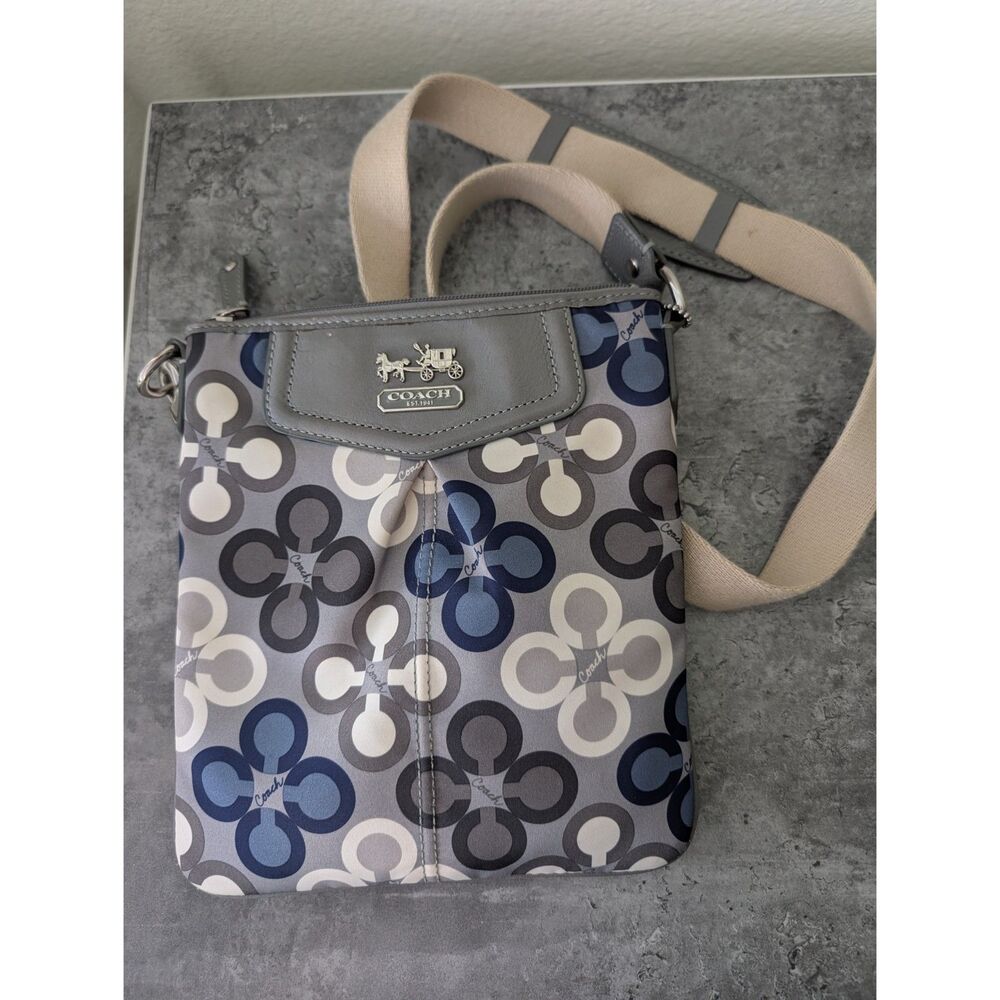 Coach Madison Op Art Floral Print Grey Blue Canvas Crossbody Bag 44441 FLAW